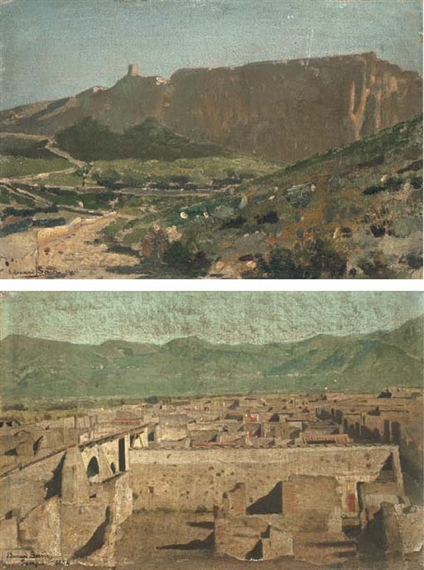 2 Works: Vue de Capri; et Vue de Pompei by Edouard Alexandre Sain