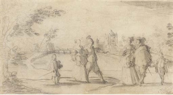 Deux couples élégants accompagnés de pages dans un paysage, un château dans le fond - Jean de Saint-Igny