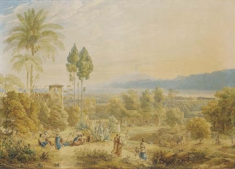 Un paysage avec le Vésuve, au premier plan des personnages dansant et jouant de la musique, d'autres travaillant aux champs - Filippo Maria Giuntotardi