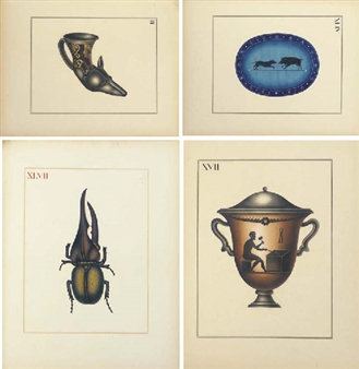 Un album de 96 dessins représentant des vases, des coupes, des bas-reliefs, des objets usuels, des armes, un tombeau, des chars et des animaux de type grecs et étrusques - Chevalier de Saint-Victor