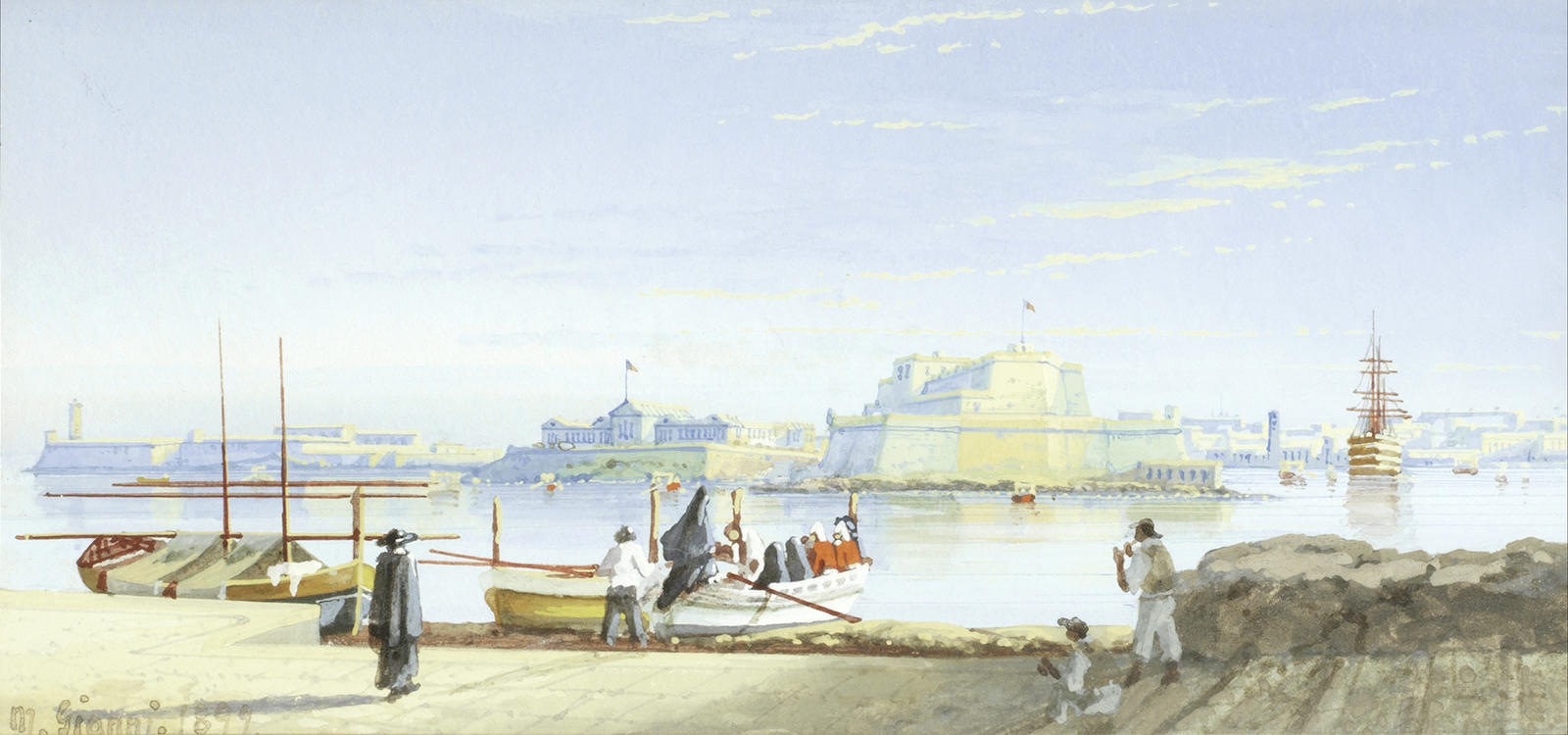 Artwork by Maria Gianni, Fort St Angelo from Valetta, Malta, Made of watercolour and gouache