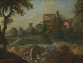 LANDSCAPE WITH SOLDIERS AND DOGS NEAR A RIVER, A TOWN IN THE DISTANCE - Marcantonio Sardi