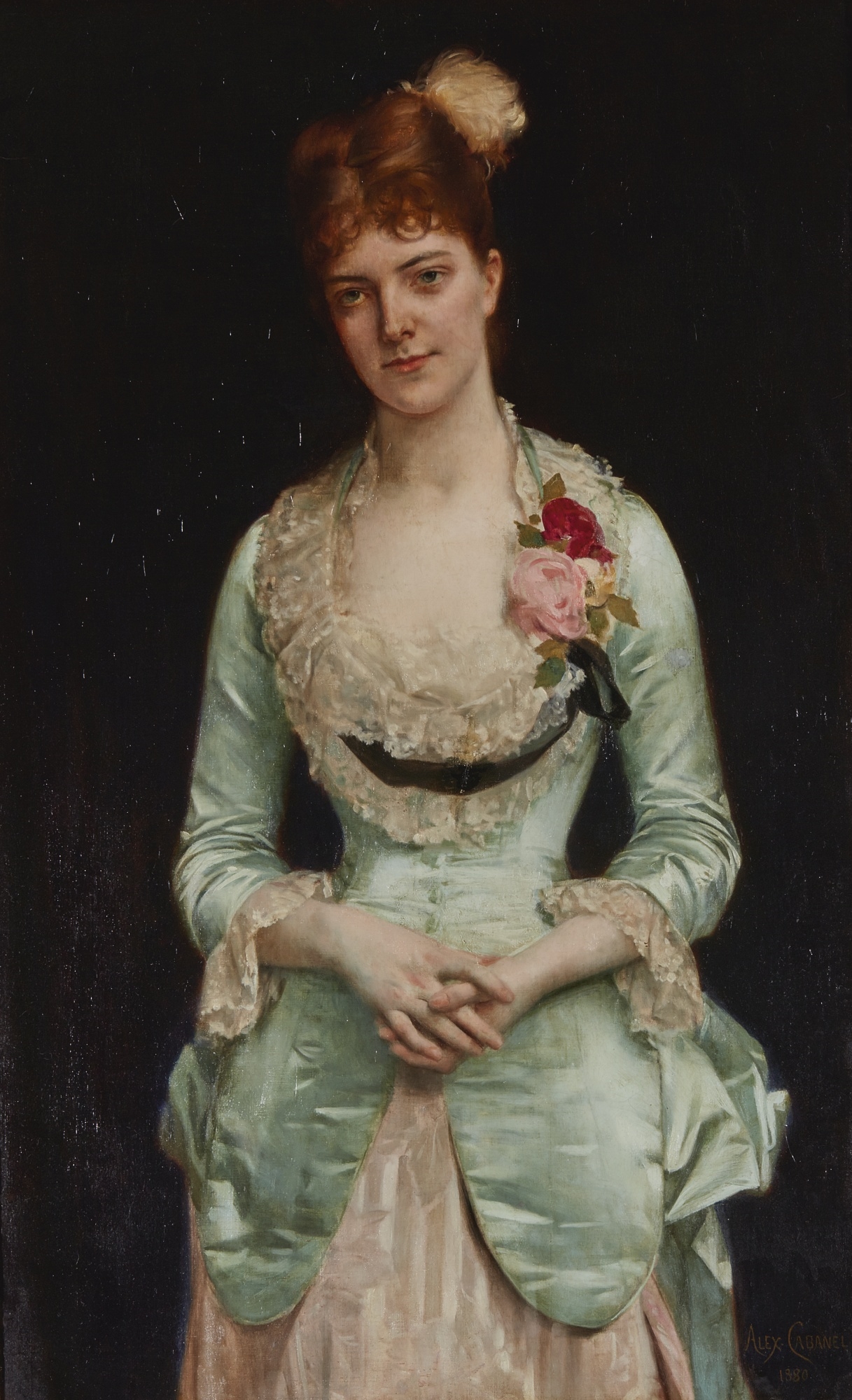 PORTRAIT OF MISS MATTHEWS, IN GREEN SILK SATIN AND LACE GOWN by Alexandre Cabanel, 1880