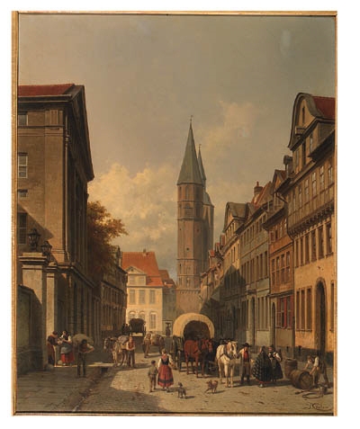 A busy street in a German town by Jacques François Carabain