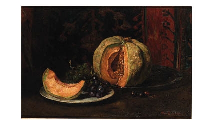 A still life with a melon and grapes on pewter plates by Wilhelmus Hendrikus Petrus Johannes de Zwart