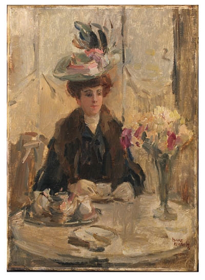 Het Dure Hoedje: an elegant lady having a cup of tea by Isaac Israëls