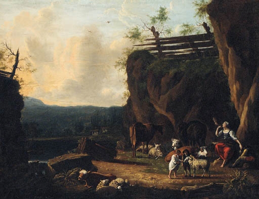 A shepherd and his family on a river bank by Dutch School, 18th Century