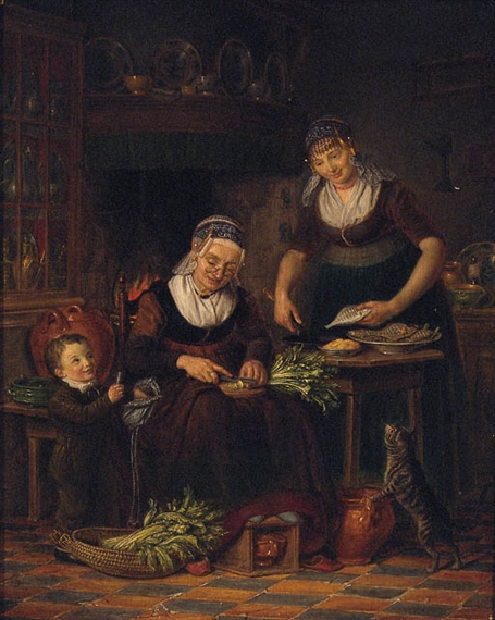 Johannes Horstok | Women preparing a meal in a parlour by a young boy ...