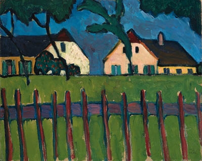 Artwork by Gabriele Münter, Zwei Häuser mit Holzzaun, Made of oil on board laid down on board