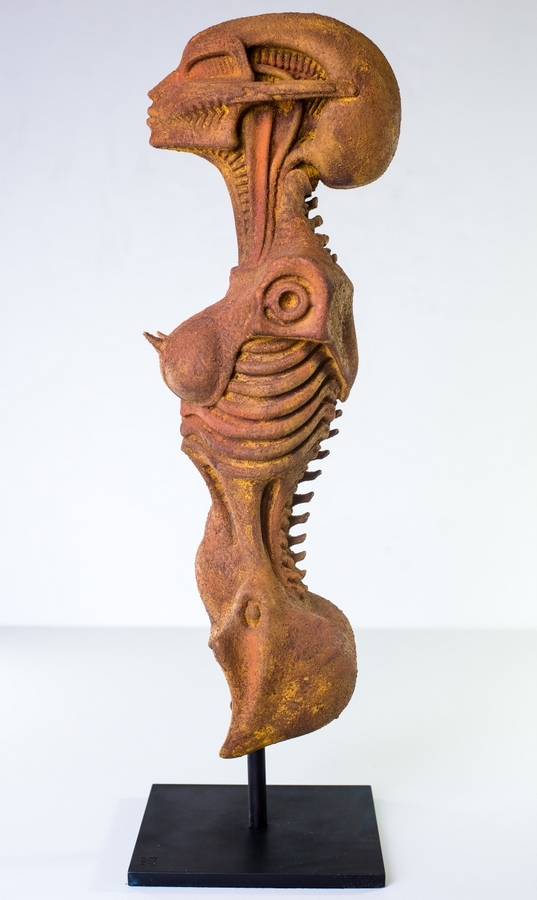 Artwork by H. R. Giger, Biomechanoid, Skulptur, Made of synthetic resin with rust patina
