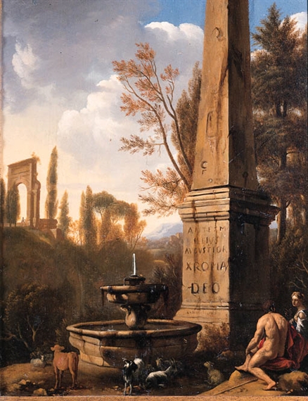 Shepherds resting by a fountain and an obelisk in an Arcadian landscape by Gerrit van Bronchorst