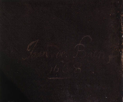 Portrait of a lady, standing half length on a terrace, wearing a black dress with lace chemise and pearl earrings, a landscape beyond by Jan de Baen, 1668