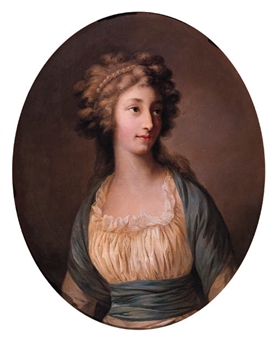 Portrait of Anna Charlotte Dorothea, Rechsgräfin von Biron, Herzogin of Kurland und Sagan née Gräfin von Medem (1761-1821), half length, wearing a white dress with blue silk wrap, pearls in her hair - Joseph Friedrich August Darbès