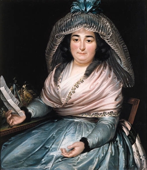 Portrait of Adriana Johanna de Pineda, née van-after 1798), seated three quarter length at a table, wearing a blue dress with pink embroidered wrap and lace bonnet, holding a letter in her right hand Lodestein - Nicolas Joseph Delin