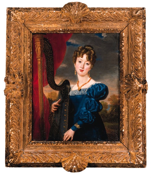 Portrait of a Lady, small three-quarter-length, in a blue dress, playing the harp, a landscape beyond by Henri-Jean Baptiste Victoire Fradelle, 1828