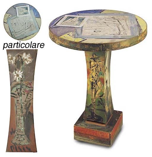 Tavolo rotondo in legno dipinto by Filippo de Pisis, 1939