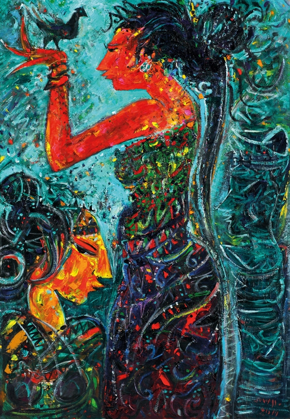 Artwork by Suwaji, Women with Bird, Made of Oil on canvas