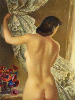 A nude figure viewed from behind, lifting a curtain to reveal a window with colorful flowers below.