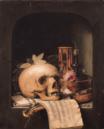 A vanitas still life with a wreathed skull, a Pochette violin and a bow, a deck of cards, a musical score, a pair of dice, a box inscribed poudre de civet, two roses, an hourglass and a snuffed-out candle in a niche by Simon Renard de Saint-Andre