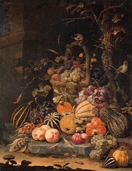 A forest floor still life with grapes, plums, rosehips, blackberries and ears of corn in a basket, with peaches, melons and corn cobs on a stone slab, with a goldfinch, a snail, a beetle and other insects, a mouse by mushrooms in the foreground, by a tree - Abraham Mignon