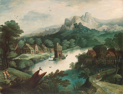 A wooded river landscape with figures by a village and a tower on an island by Tobias Verhaecht