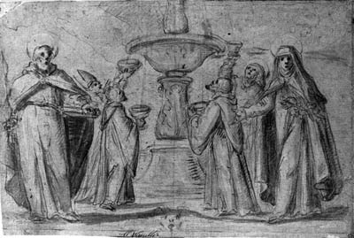 Saints gathering water from a fountain, Saint Paul and Saint Catherine standing in the foreground by Fabrizio Boschi