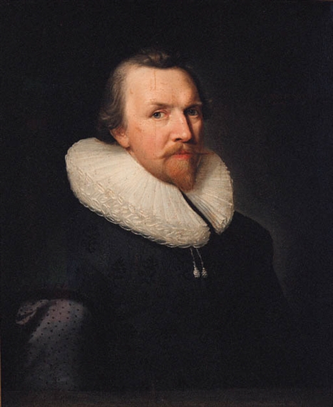 Portrait of a gentleman, aged 47, half-length, in a black doublet and a ruff by Thomas de Keyser, 1624