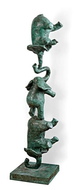 Totem éléphants Porte-bonheur – Motifs Hindous – Sculpture Patinée