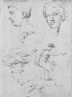 Des études de tête et d'un homme assis pointant du doigt, avec une étude subsidiaire de la main (recto); Trois chapiteaux et une tête de bébé (verso) - Pseudo-Pacchia