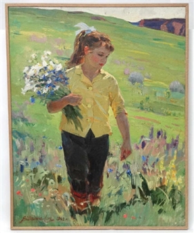 Picking flowers, Young woman gathering flowers in a rural landscape - Chatalin Viktor Vasilievitch