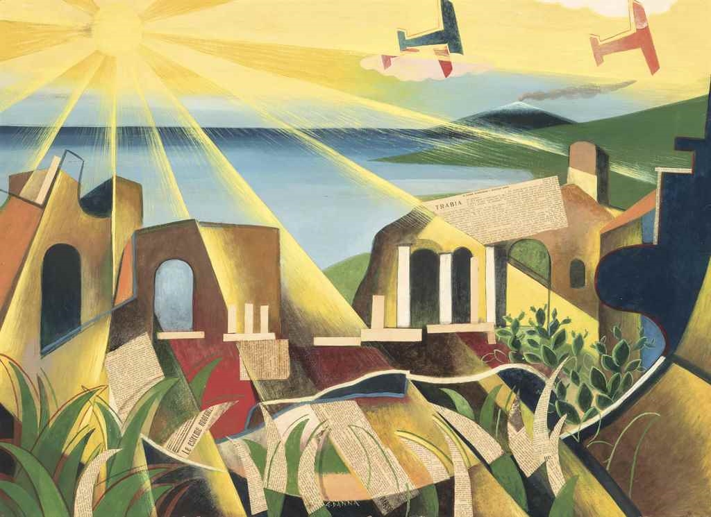 Artwork by Giulio d’Anna, Paesaggio siciliano e Aerei, Made of oil and paper collage on canvas