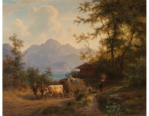Mountain landscape with hay wagon and farmers by Gustav Meissner