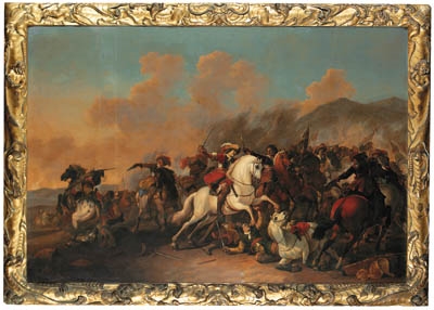 A cavalry battle in an extensive landscape by Herman van Lin