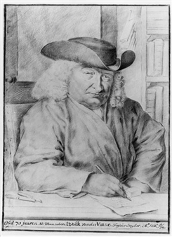 Portrait of Izaak van der Vinne drawing at a Table in an Interior - Tako Hajo Jelgersma