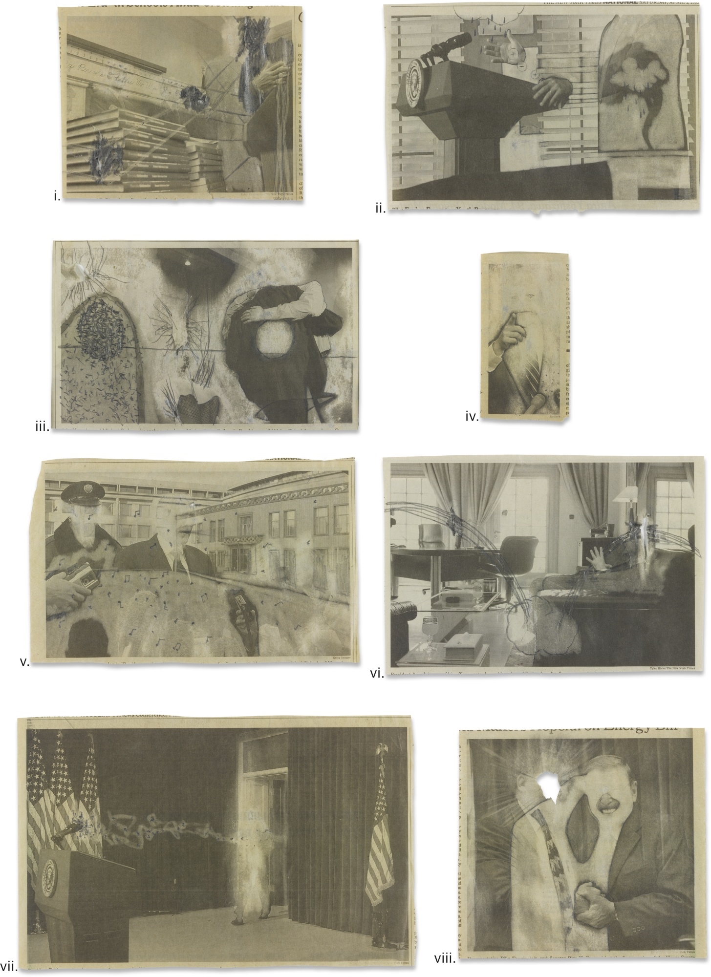 Artwork by Christian Holstad, WRITTEN REMINDERS; VOLCANO AND TOMBSTONE; YOU ARE MADE UP OF THAT WHICH PASSES THROUGH YOU; EVILS; SONGS FROM AN EMPTY TOWN SQUARE; POOF; DISSOLVE (INTO THE EXIT); SHAKEY HANDS [EIGHT WORKS], Made of graphite on newsprint