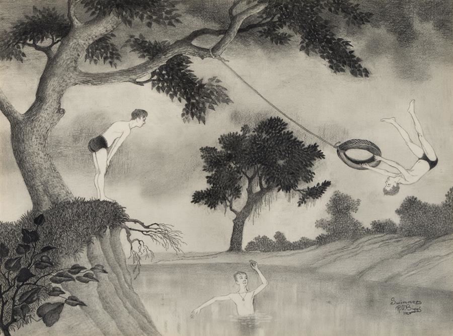 Artwork by Robert O. Biggs, Swimmers, Made of charcoal and graphite on paper