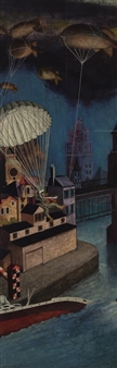 Zeppelins and parachuter in surreal cityscape - Robert O. Biggs