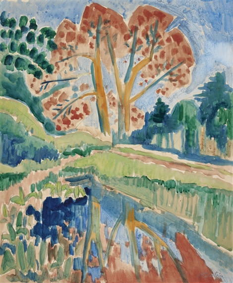 HERBSTBAUM MIT SPIEGELUNG (AUTUMNAL TREE WITH REFLECTION)