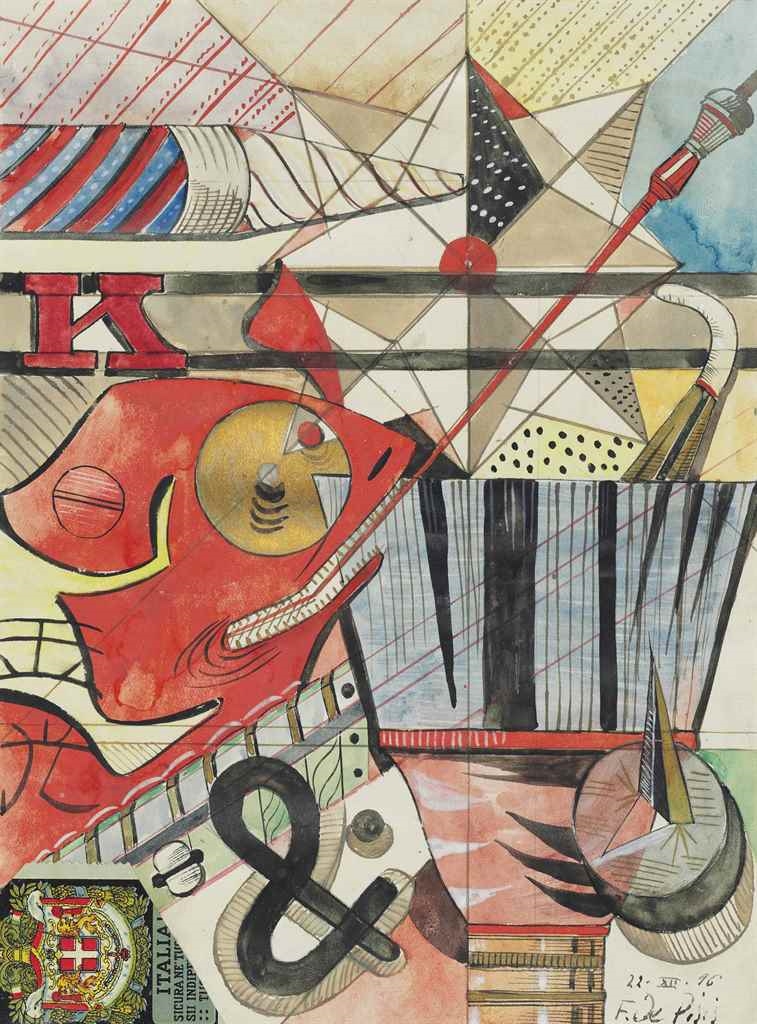 Artwork by Filippo de Pisis, K. Composizione I, Made of gouache, watercolour, collage, pen and ink and gold paint on paper