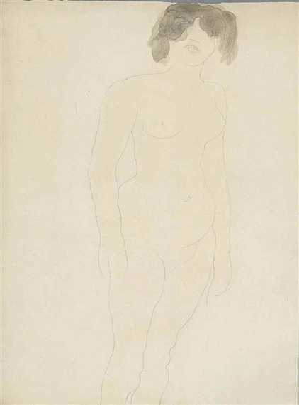 Femme nue debout, de face, les cheveux dans les yeux by Auguste Rodin, circa 1896