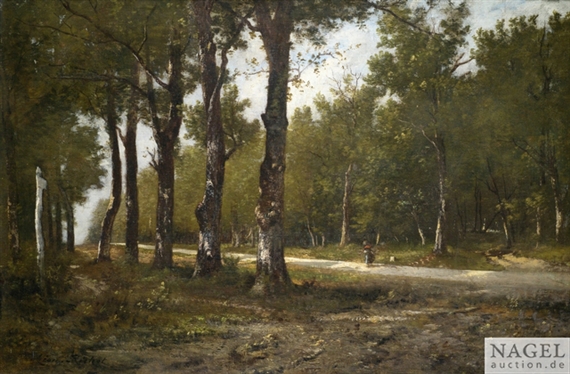 Léon Richet | Sonnige Allee im Wald mit einer Reisigsammlerin | MutualArt