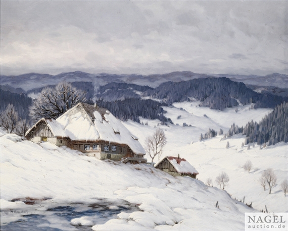Winterliche Schwarzwaldlandschaft mit verschneiten Häusern by Karl Hauptmann