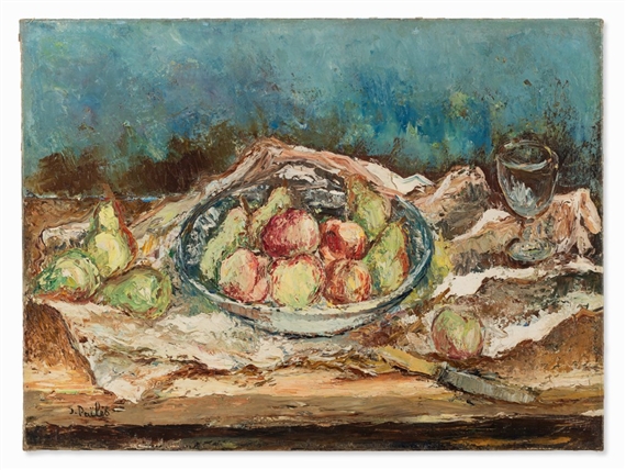 A still life painting featuring a bowl of fruit, pears, and a wine glass on a draped table.
