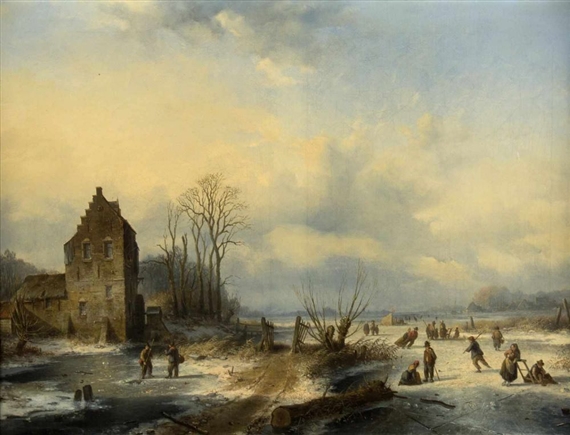 Winterliche Landschaft mit Schlittschuhläufern by Louis Smets, 1853
