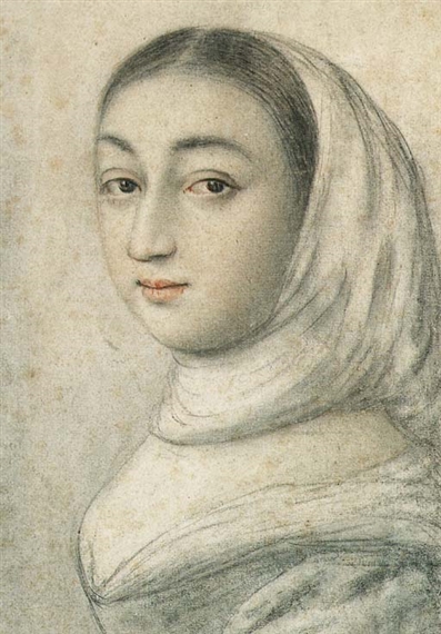 PORTRAIT OF A YOUNG WOMAN WEARING A SCARF, TURNED TO THE LEFT by Nicolas Lagneau