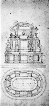DESIGN FOR THE TOMB OF POPE CLEMENT VII
:THE GROUND-PLAN AND ELEVATION OF THE TOMB, THE SARCOPHAGUS SUPPORTED BY SPHINXES AND THE PEDESTAL WITH SEATED PROPHETS AND MEDICI COAT-OF-ARMS - Antonio da Sangallo the Younger