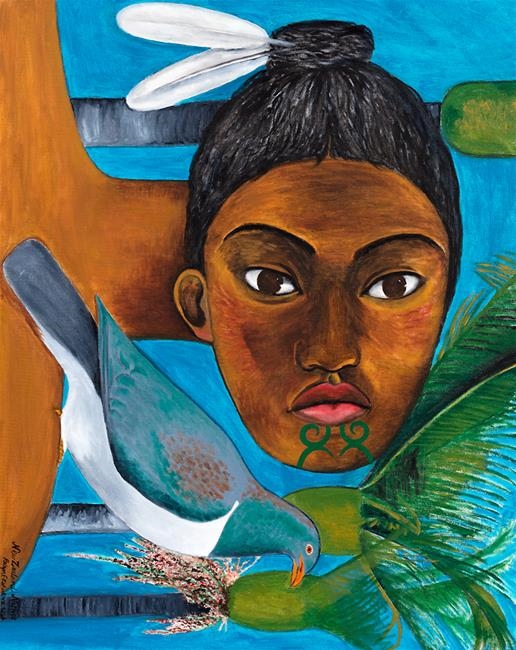Robyn Kahukiwa | Maori Woman with Cabbage Tree and Wood Pigeon (2004