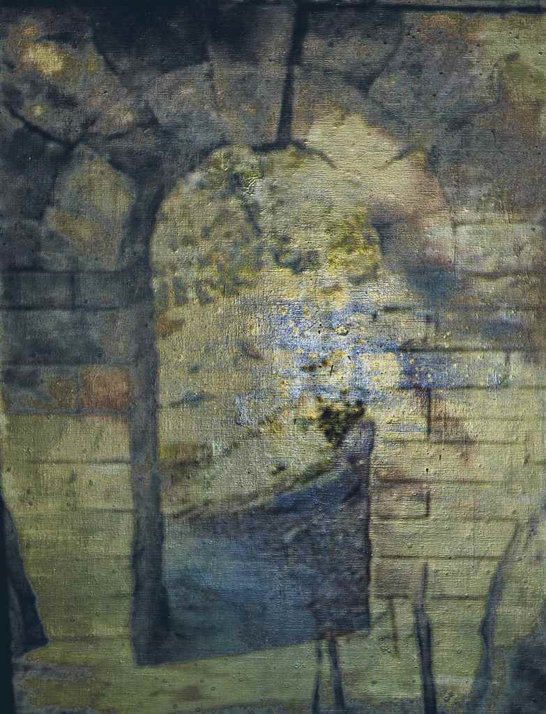 Artwork by Donald Moffett, Gold / Passage, Made of oil and enamel on linen with video projection