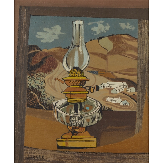 A vintage oil lamp stands in the foreground, silhouetted against a stylized landscape of hills and distant houses.