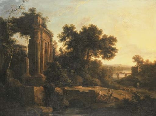 An Italianate landscape with classical ruins and figures conversing by a bridge by Pierre Antoine Patel, 1695
